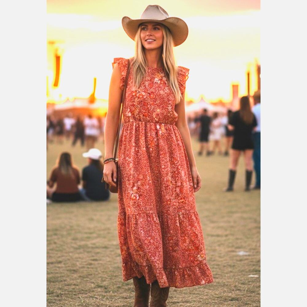 Floral Maxi Tiered Dress S Western Ruffle Boho Concert Sundress Festival Cottage